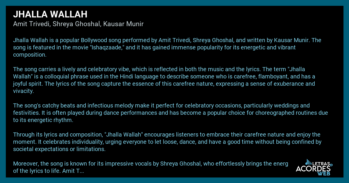 Meaning of Jhalla Wallah by Amit Trivedi, Shreya Ghoshal, Kausar Munir ...