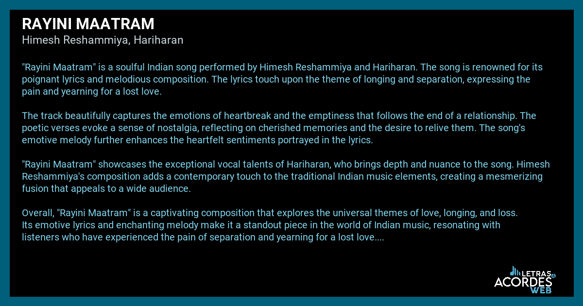 Meaning of Rayini Maatram by Himesh Reshammiya, Hariharan (the story ...