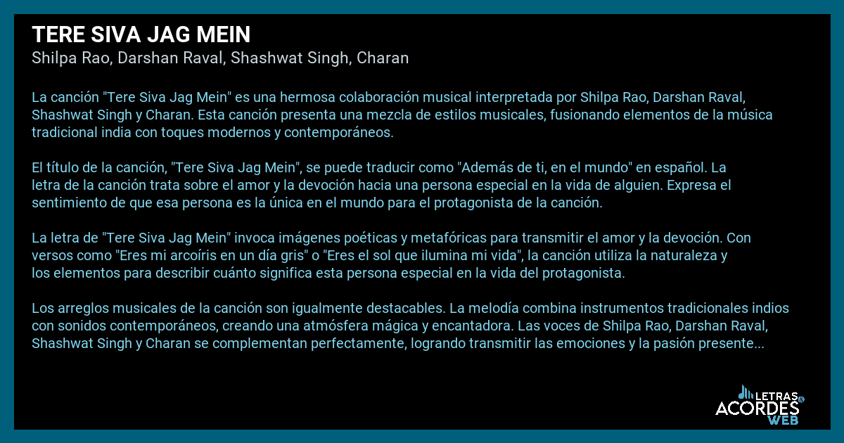Significado de la canción Tere Siva Jag Mein de Shilpa Rao, Darshan ...